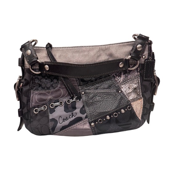 Coach Zoe Patchwork Hobo Black Gray Signature Canvas Leather Preloved 12x10x3 - Picture 1 of 16